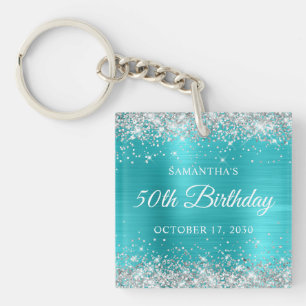 Porte-clefs Anniversaire 50 ans Turquoise Bleu Paillettes Arge