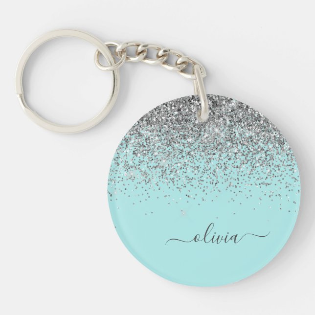 Porte-clefs Aqua bleu Turquoise Parties scintillant argent Mon (Devant)