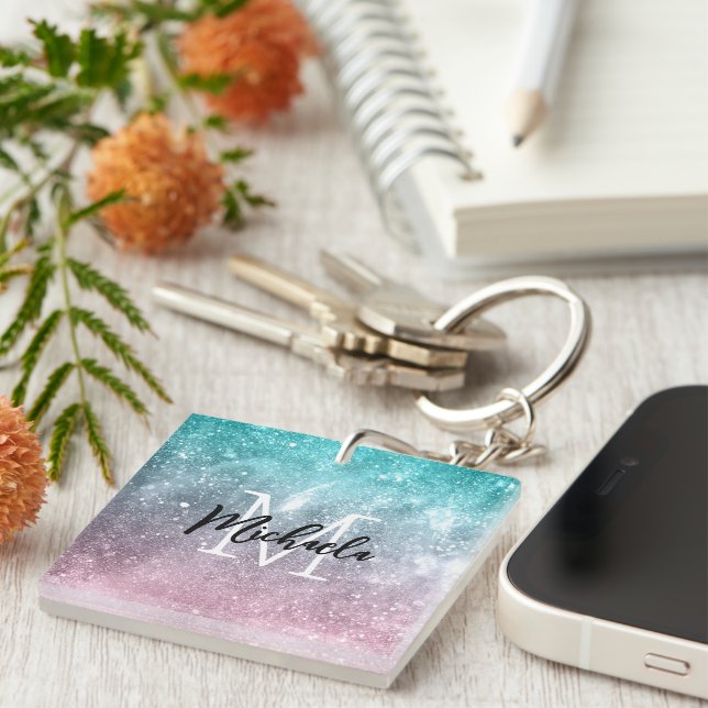 Porte-clefs Aqua blue Pink ombre mer galaxie abstraite Monogra (Devant Droit)