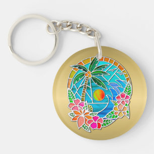 Porte-clefs Aqua et Gold Ocean Palm Tree Paysage d'été