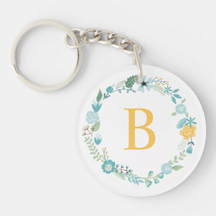 Porte-clefs Aqua et Yellow Monogramme Floral Wreath