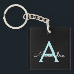 Porte-clefs Aqua Teal Blue Script Girly Monogram<br><div class="desc">Noir et Aqua Bleu Turquoise Simple Script Monogramme Nom Porte - clé. Cela rend le cadeau parfait pour 16 ans,  mariage,  douche nuptiale,  anniversaire,  baby shower ou bachelorette pour quelqu'un qui aime le luxe glam et les styles chic.</div>