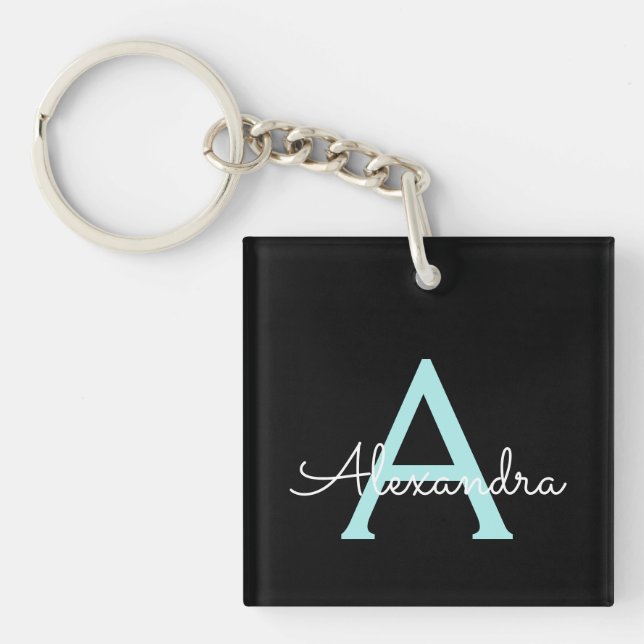Porte-clefs Aqua Teal Blue Script Girly Monogram (Devant)