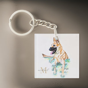 Porte-clefs Aquarelle berger allemand Malinois Monogramme