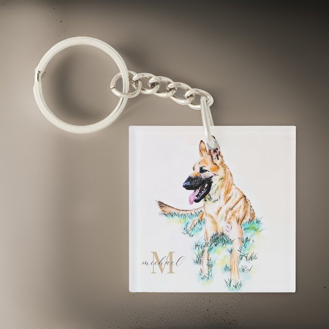 Porte-clefs Aquarelle berger allemand Malinois Monogramme (Créateur téléchargé)