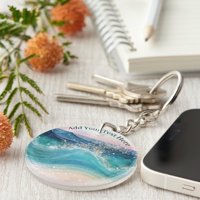 Porte-clefs Aquarelle Bleu Blanc Océan Vague Personnalisée Nom (Créateur téléchargé)