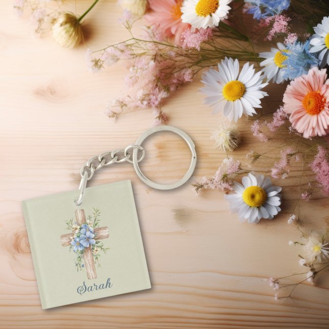 Porte-clefs Aquarelle bleu Floral Croix personnalisée (Watercolor Blue Floral Cross Personalized Keychain
)