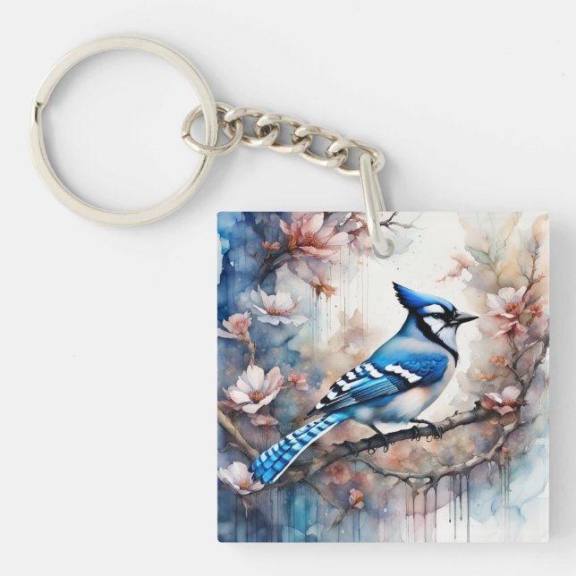 Porte-clefs Aquarelle bleu Jay Cherry Blossoms (Devant)