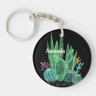 Porte-clefs Aquarelle, cactus, fleurs grand horloge