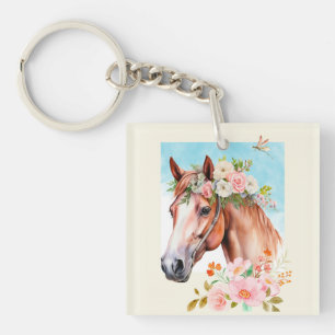 Porte-clefs Aquarelle Cheval et Fleurs Acrylique