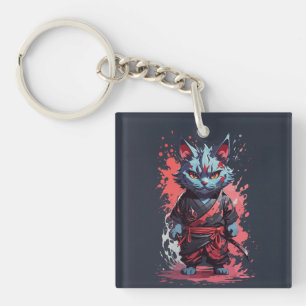 Porte-clefs Aquarelle cool Gris Ninja Chat Guerrier