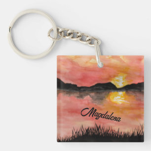 Porte-clefs aquarelle coucher de soleil encre noire art de