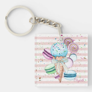Porte-clefs Aquarelle Crème glacée, Macarons, Bandes roses