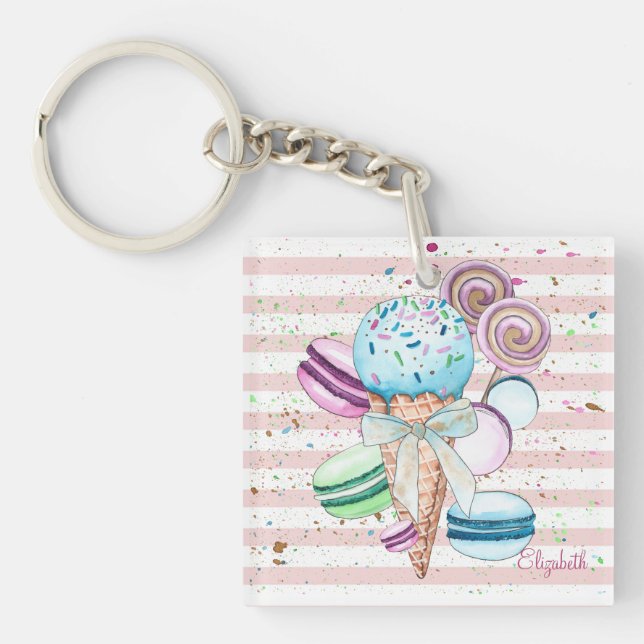 Porte-clefs Aquarelle Crème glacée, Macarons, Bandes roses (Devant)