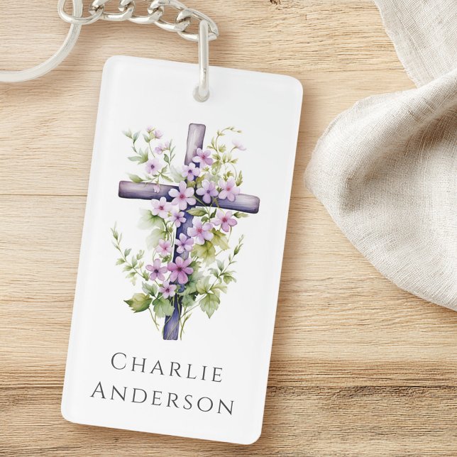 Porte-clefs Aquarelle croisée violet nom ou texte de la fleur (Watercolor cross purple flower name or text keychain)