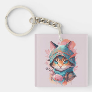 Porte-clefs Aquarelle Cute Hoded Ninja Chat