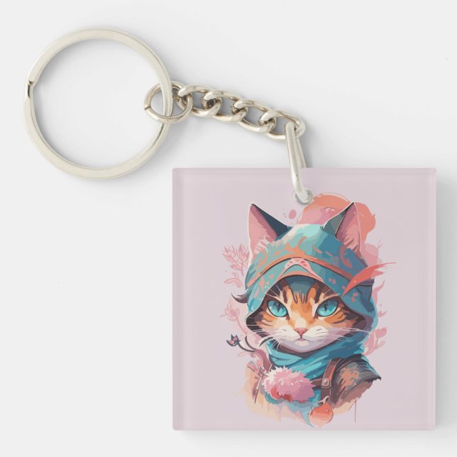 Porte-clefs Aquarelle Cute Hoded Ninja Chat (Devant)