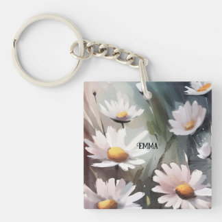 Porte-clefs Aquarelle Daisées Nom personnalisé Texte