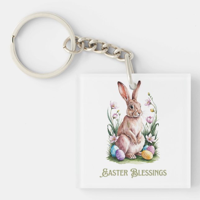 Porte-clefs Aquarelle de Pâques Lapin & Fleurs (Devant)