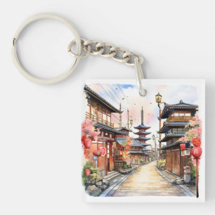 Porte-clefs Aquarelle de printemps cosy de la rue du Japon