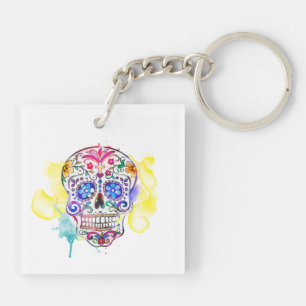 Porte-clefs Aquarelle du crâne de sucre Jour de la mort coloré