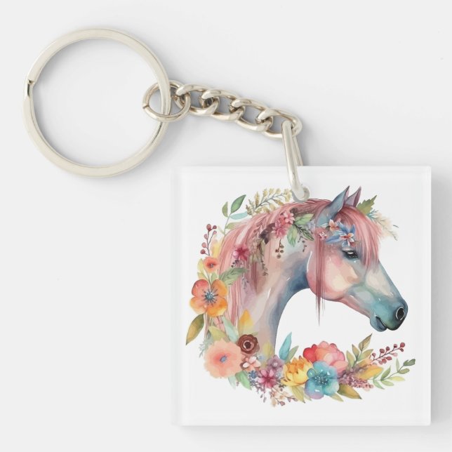 Porte-clefs Aquarelle Fleur Boho Horse Pastel (Devant)