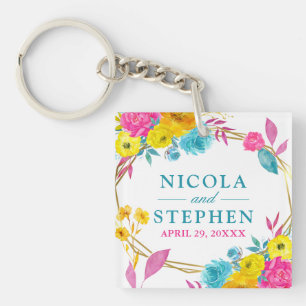 Porte-clefs Aquarelle Fleurs Mariage Été Rose Jaune Bleu