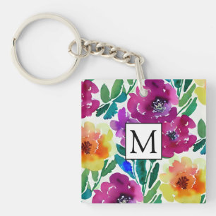 Porte-clefs Aquarelle Fleurs Maroon et Jaune