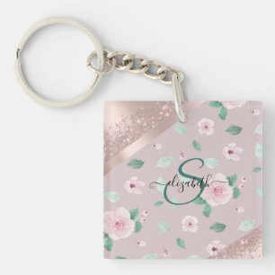 Porte-clefs Aquarelle Fleurs Rose or Monogramme
