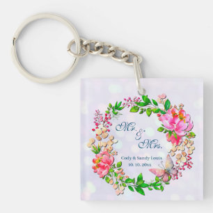 Porte-clefs Aquarelle Fleurs roses et papillon Plaid de printe