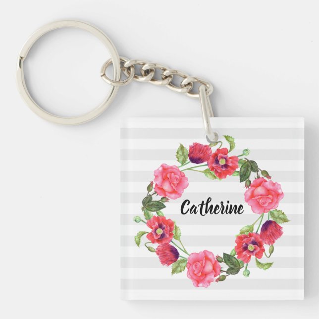 Porte-clefs Aquarelle Fleurs rouges et roses Cercle de couronn (Devant)