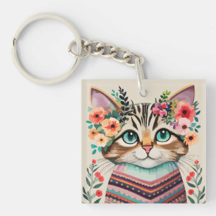 Porte-clefs Aquarelle florale de chats mignons