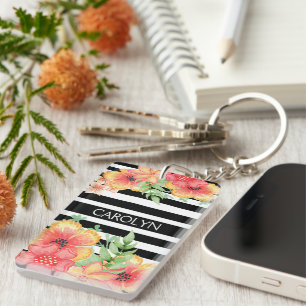 Porte-clefs Aquarelle florale personnalisée Blancs noirs