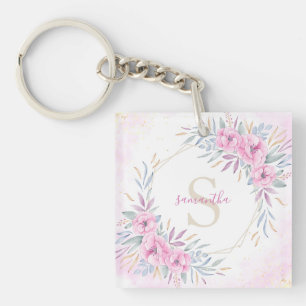Porte-clefs Aquarelle florale rose monogramme Élégante