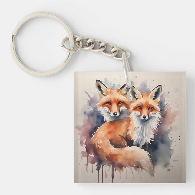 Porte-clefs Aquarelle Fox Duo (Devant)