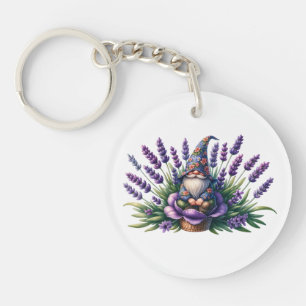 Porte-clefs Aquarelle Gnome & Fleurs pourpres