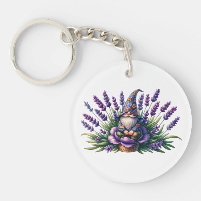 Porte-clefs Aquarelle Gnome & Fleurs pourpres (Devant)