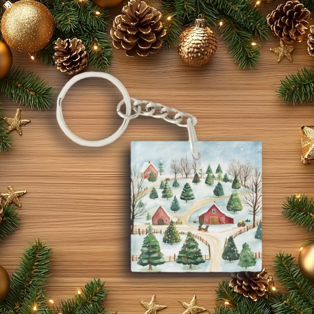 Porte-clefs Aquarelle Hiver Paysage rustique avec Fir Trees (Créateur téléchargé)