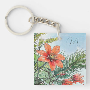 Porte-clefs Aquarelle illustrée Botanique Orange Floral