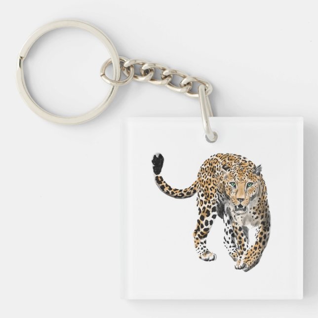 Porte-clefs aquarelle léopard jungle chat animal peint vert (Devant)