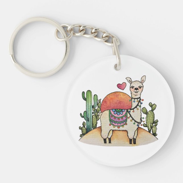 Porte-clefs Aquarelle Llama Avec Cactus (Devant)