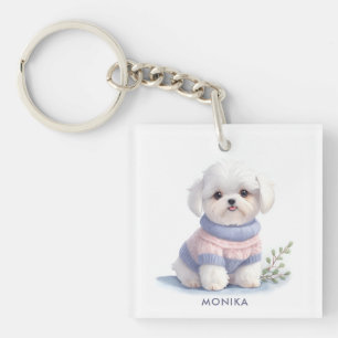 Porte-clefs Aquarelle mignonne Blanc Maltais Chien Chien Chien