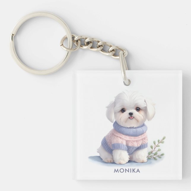 Porte-clefs Aquarelle mignonne Blanc Maltais Chien Chien Chien (Devant)
