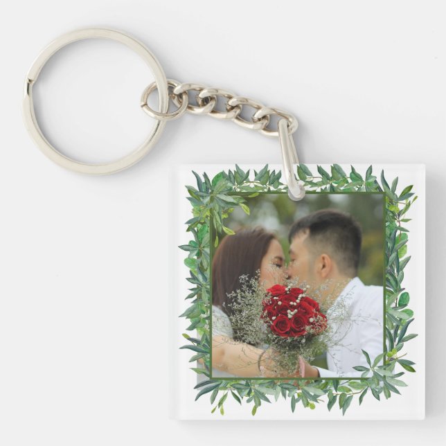 Porte-clefs Aquarelle moderne Vert Mariage Photo (Devant)