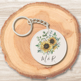 Porte-clefs Aquarelle monogramme Vintage Tournesol rustique