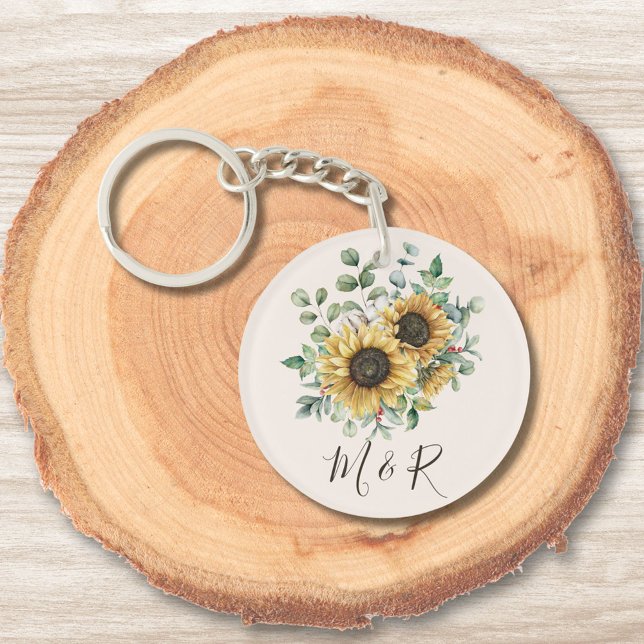 Porte-clefs Aquarelle monogramme Vintage Tournesol rustique (Close up on wood)