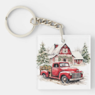 Porte-clefs Aquarelle Noël Vintage Camion et grange