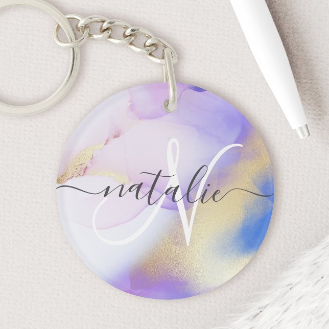 Porte-clefs Aquarelle Or Violet Luxe Personnalisé Nom Monogram (Créateur téléchargé)