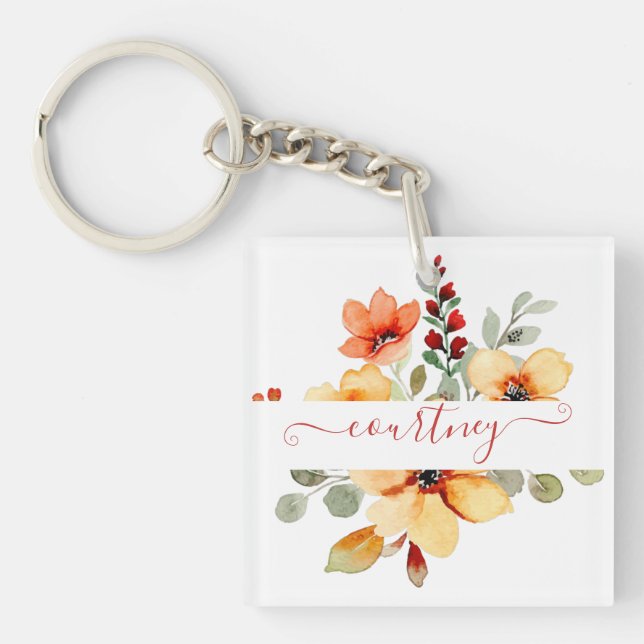 Porte-clefs Aquarelle orange vif floral personnalisé (Devant)