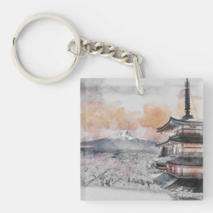 Porte-clefs Aquarelle Pagode japonaise et voyage au Mt. Fuji